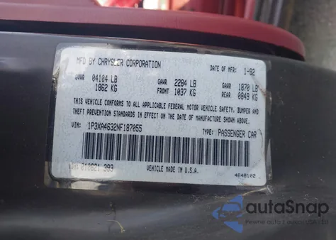 1992 Plymouth Acclaim z USA, uszkodzony, nr VIN 1P3XA4632NF187055